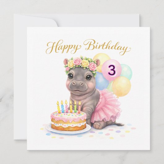 Dritter Geburtstag für Mädchen Glückliches Nilpfer (Vorderseite)