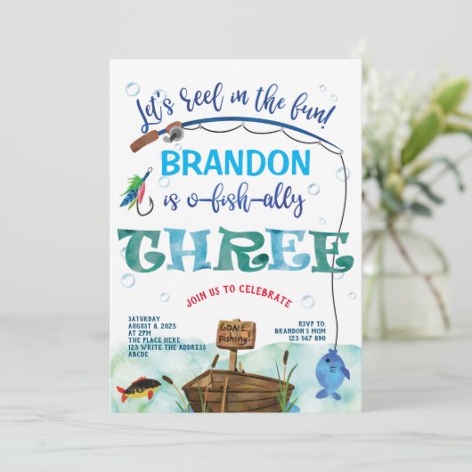Dritter Geburtstag, Gone Fishing, O-Fisch-allesamt Einladung (Stehend Vorderseite)