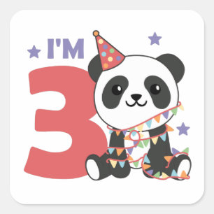 Dritter Geburtstag Panda für Kinder 3 Jahre Square Quadratischer Aufkleber