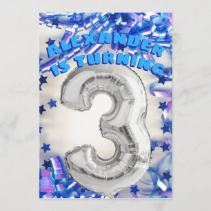 Dritter Geburtstag Silber und Blaues Party 3 Junge Einladung