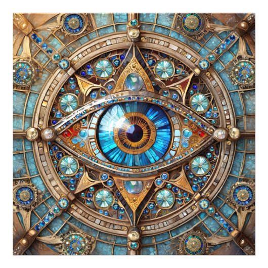 Drittes Auge - Türkisblau Gold Mandala Fotodruck (Vorne)