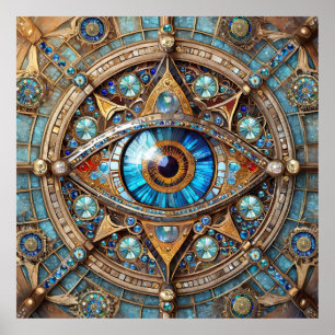 Drittes Auge - Türkisblau Gold Mandala Poster