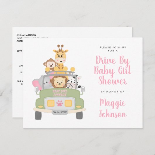 Drive by Animal Safari Niedlich Pink Baby Girl Dus Einladungspostkarte (Vorne/Hinten)