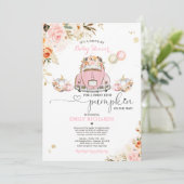 Drive by Baby Dusche Pink Gold Floral Pumpkin Einladung (Stehend Vorderseite)