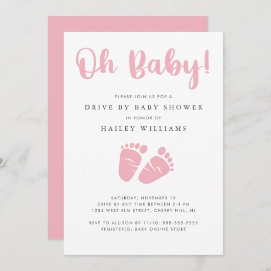 Drive by Baby Girl Dusche | Oh Baby Feet Pink Einladung (Vorne/Hinten)