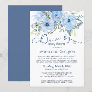 Drive-By-Baby-Shower Dusty Blue Wasserfarben Flora Einladung