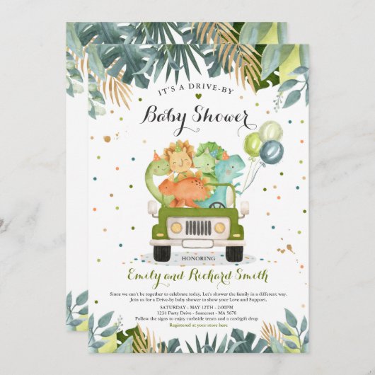 Drive by Baby Shower Einladung Dinosaurier Dusche (Vorne/Hinten)