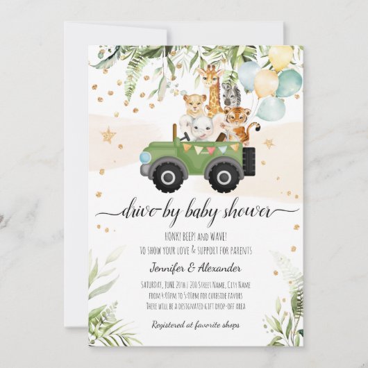 Drive by Baby Shower Safari Animal Social DIstance Einladung (Vorderseite)