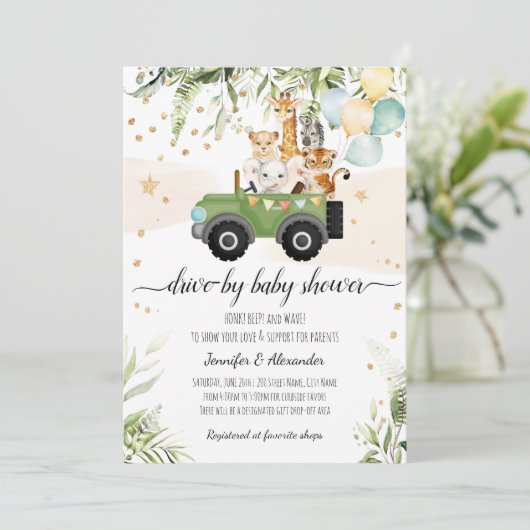 Drive by Baby Shower Safari Animal Social DIstance Einladung (Stehend Vorderseite)