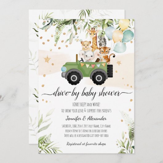 Drive by Baby Shower Safari Animal Social DIstance Einladung (Vorne/Hinten)
