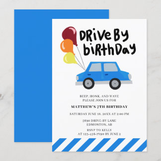 Drive by Birthday Niedlich Blue Car Balloons Einfa Einladung