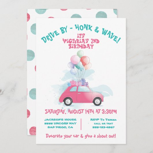 Drive by BIrthday Parade Einladung (Vorne/Hinten)