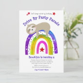 Drive By Birthday Sloth Kawaii Boho Rainbow Modern Einladung (Stehend Vorderseite)