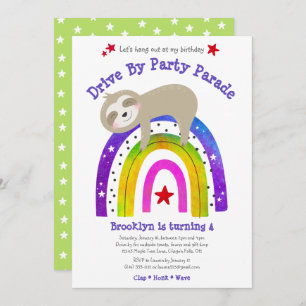 Drive By Birthday Sloth Kawaii Boho Rainbow Modern Einladung