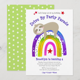 Drive By Birthday Sloth Kawaii Boho Rainbow Modern Einladung