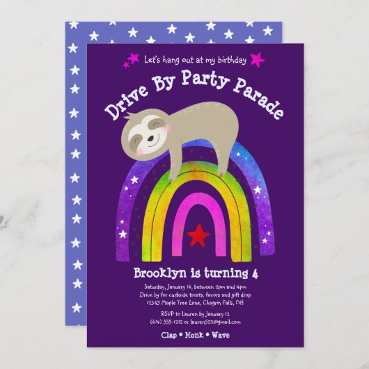 Drive By Birthday Sloth Modern Kawaii Boho Rainbow Einladung (Vorne/Hinten)