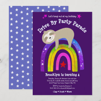 Drive By Birthday Sloth Modern Kawaii Boho Rainbow Einladung