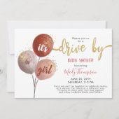 Drive by Blush Ballon und Glitzern Babydusche Einladung (Vorderseite)