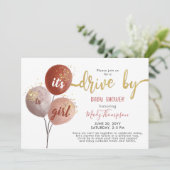 Drive by Blush Ballon und Glitzern Babydusche Einladung (Stehend Vorderseite)