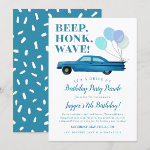 Drive by Boy Geburtstagsparty Blue Vintage Car Einladung