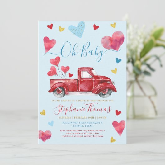 Drive By Boy Valentine Baby Dusche mit Herz Einladung (Stehend Vorderseite)