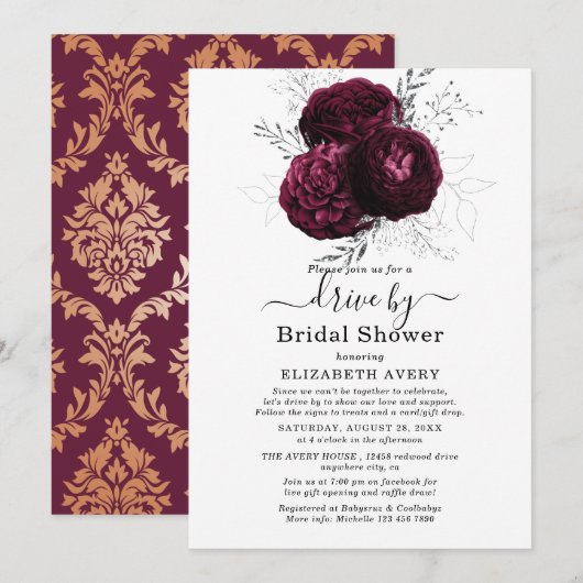 Drive By Brautparty Burgundy Floral Wedding Einladung (Vorne/Hinten)