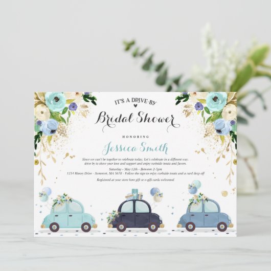 Drive by Bridal Dusche Einladung Blauer Blauer Flu (Stehend Vorderseite)