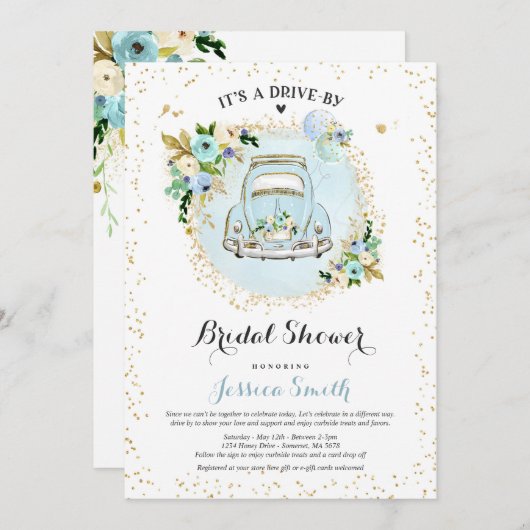 Drive by Bridal Dusche Einladung Blauer Blauer Flu (Vorne/Hinten)