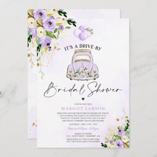 Drive by Bridal Dusche Einladung Lila Blumen (Vorne/Hinten)