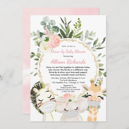Drive-by-Mädchen Babydusche rosa niedliche Tiere Einladung (Vorne/Hinten)