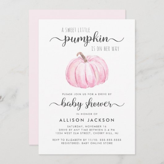 Drive by Pink Pumpkin Wasserfarbe Kindermädchendus Einladung (Vorne/Hinten)