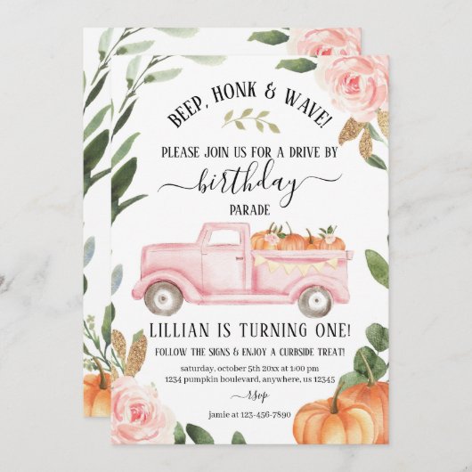 Drive by Pumpkin Birthday Einladung (Vorne/Hinten)