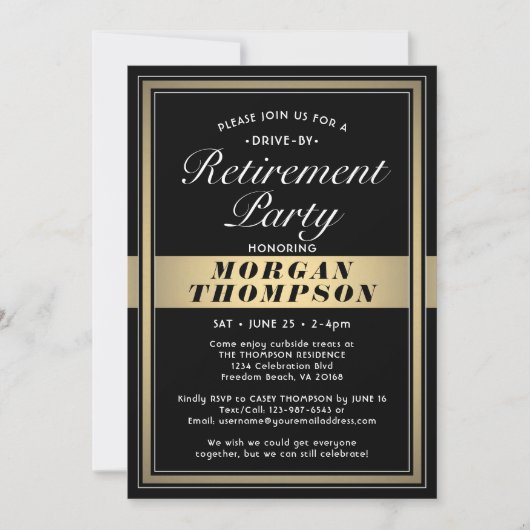 Drive-By-Rente-Party Schwarz-weiß und Gold Einladung (Vorderseite)