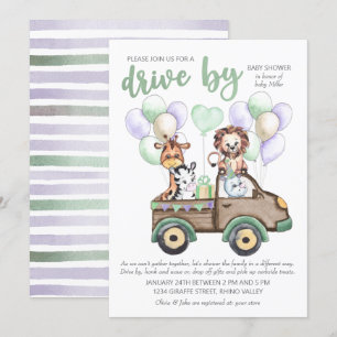 Drive-By-Safari-LKW und niedliche Tiere Baby-Party Einladung
