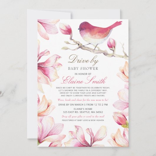 Drive by Sweet Bird Pink Floral Girl Baby Dusche Einladung (Vorderseite)