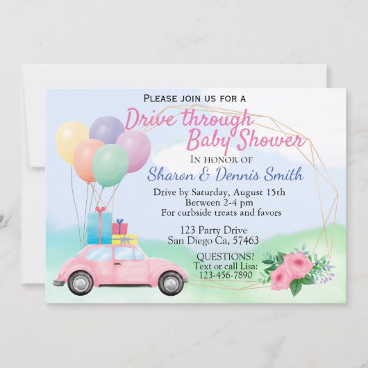 Drive Through Watercolor Car Kinderdusche für Mädc Einladung (Vorderseite)