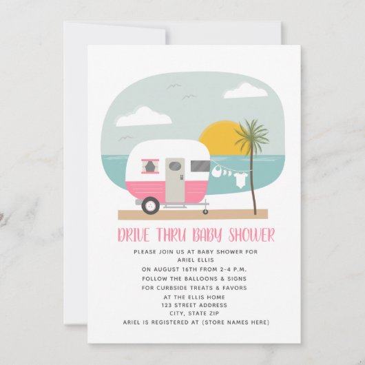 Drive Thru Baby Shower Pink Beach Camper Einladung (Vorderseite)