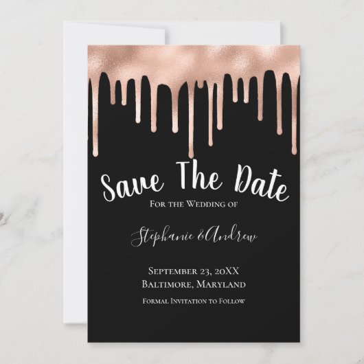 Driving Rose Gold Schwarz-weiße trendige Hochzeit Save The Date (Vorderseite)