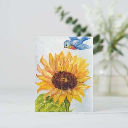 Drossel des Glückes mit Sonnenblume Einladung (Stehend Vorderseite)