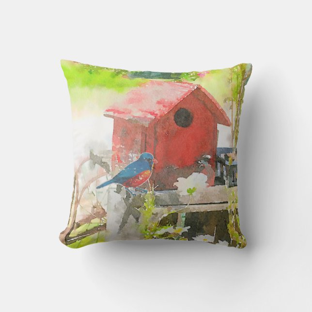 Drossel mit rotem Birdhouse Kissen (Vorderseite)