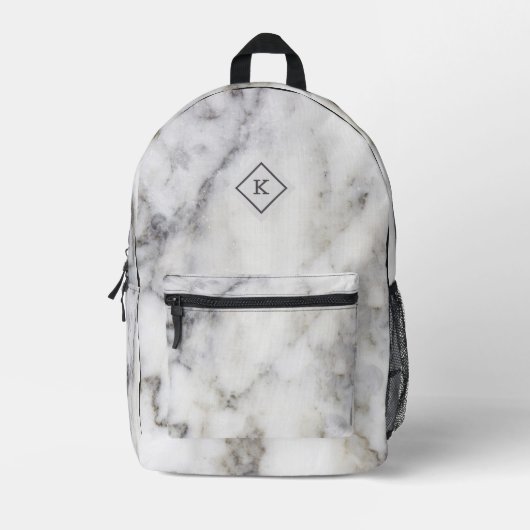 Druck aus weißem und grauem Marmor | Monogramm Bedruckter Rucksack (Vorderseite)