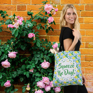 Drück den Tag Gelbe Zitronen Blau Weiß Kariert Tasche