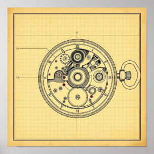 Druck einer Blaupause einer Vintage-Taschenuhr Poster