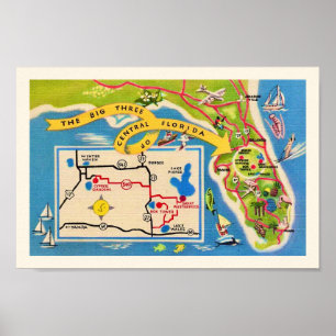 Druck einer Vintage-Karte der Attraktionen in Flor Poster