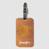 Druck eines lächelnden Sonnengesichts aus Holz Gepäckanhänger (Vorderseite Vertikal)