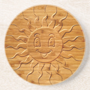 Druck eines lächelnden Sonnengesichts aus Holz Getränkeuntersetzer