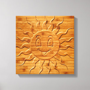 Druck eines lächelnden Sonnengesichts aus Holz Leinwanddruck