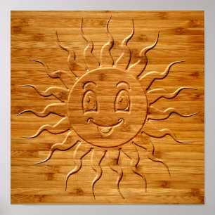 Druck eines lächelnden Sonnengesichts aus Holz Poster