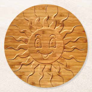 Druck eines lächelnden Sonnengesichts aus Holz Runder Pappuntersetzer