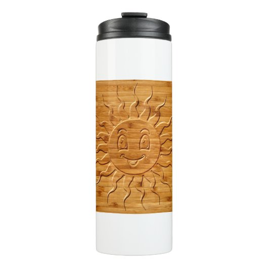 Druck eines lächelnden Sonnengesichts aus Holz Thermosbecher (Vorderseite)